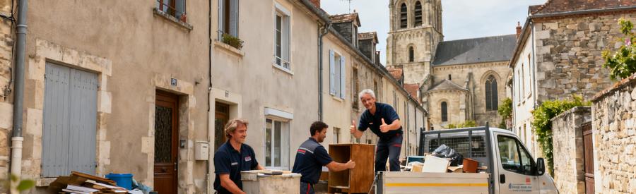 Débarrasseurs professionnels transportant des objets devant une maison mitoyenne à Montivilliers, avec l'abbaye romane en arrière-plan.