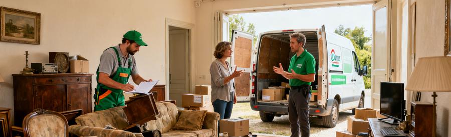 Deux professionnels du débarras dans un salon illustrant la différence entre services d'évacuation et de tri à Nièvre.