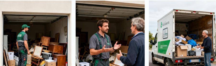 Professionnels du débarras à Carvin : analyse, discussion avec le client, et chargement de camion avec des objets triés.