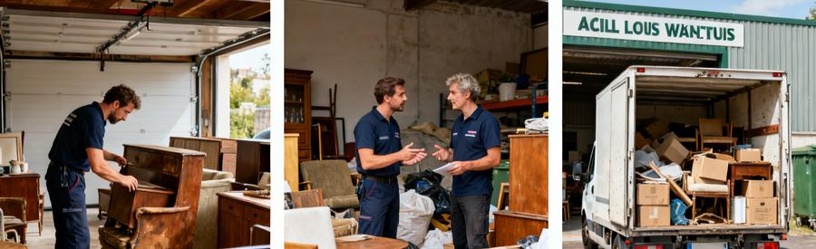 Professionnels du débarras à Saint-Louis inspectant objets à évacuer, avec camionnette au dépôt.