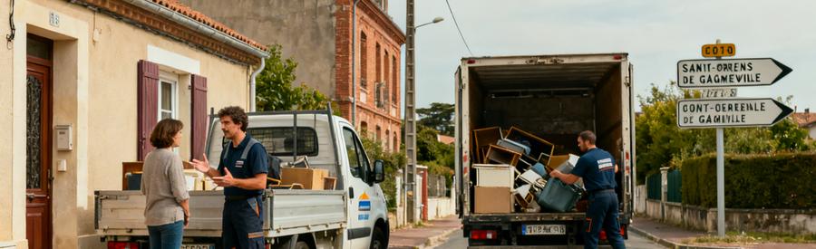 Débarrasseurs professionnels à Saint-Orens-de-Gameville, interagissant avec des clients tout en montrant l'accessibilité des services.