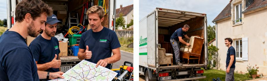 Équipe de débarrasseurs discutant avec un camion, chargement d'objets à proximité dans la Sarthe.