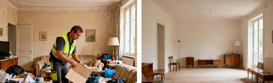 Débarrasseur triant des cartons dans un salon encombré et le même salon remis en état, propre et rangé.