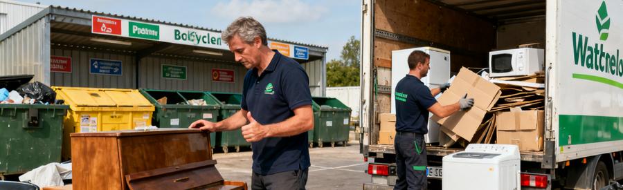 Des professionnels à Wattrelos triant des encombrants pour le recyclage, avec objets divers et véhicule de collecte.