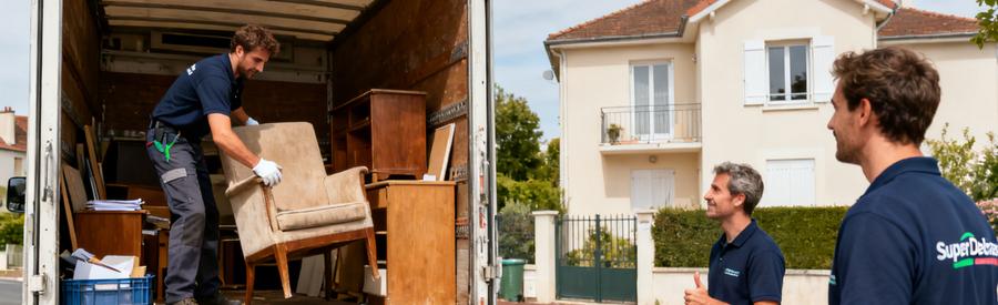 Un débarrasseur et un professionnel à Viry-Châtillon, chargement de meubles dans un camion après un débarras efficace.