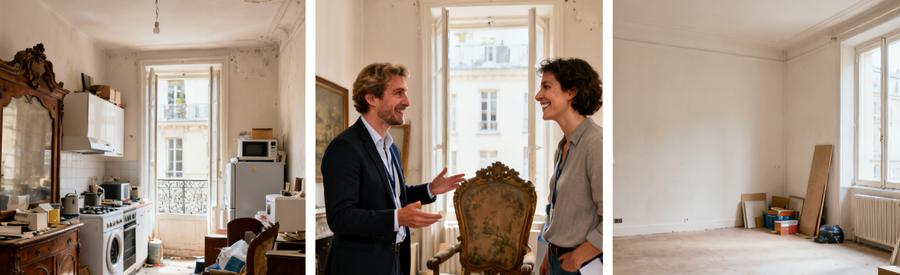 Trois scènes montrant le processus de débarras à Saint-Louis : inspection d'un appartement rempli, discussion sur des meubles de valeur, espace dégagé avec satisfaction.