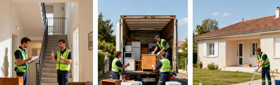 Débarrasseurs professionnels évaluant et nettoyant des espaces à Sainte-Geneviève-des-Bois, montrant efficacité et propreté.