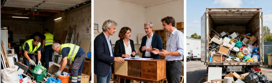 Debarra Eco Responsable Tri Recycle Scène de débarras éco-responsable avec tri d'objets, discussion entre professionnels et chargement dans un véhicule de recyclage.