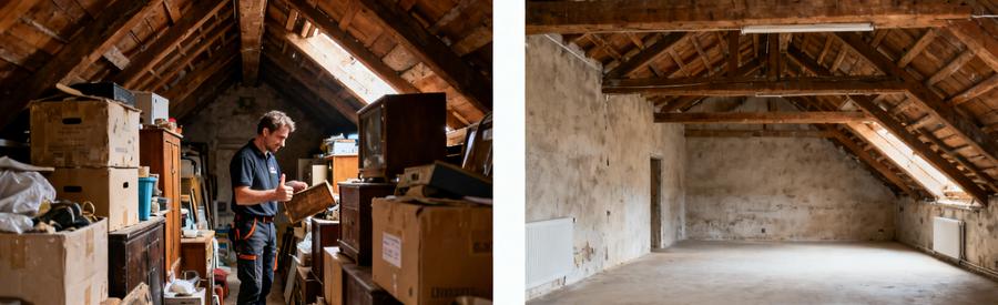 Comparaison entre un grenier encombré de vieux objets et un grenier vidé et rangé, illustrant un service de débarras professionnel.