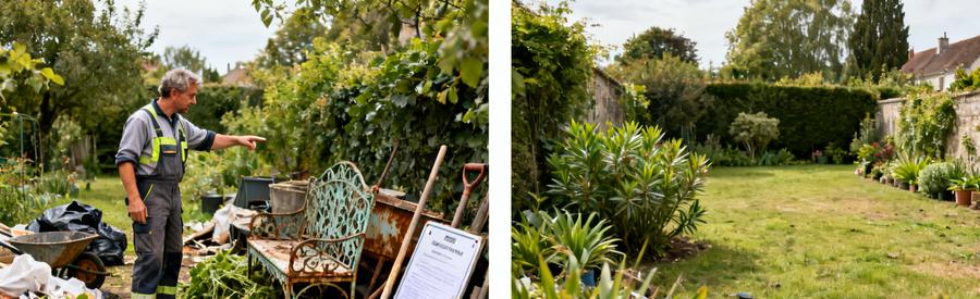 Un professionnel inspecte un jardin encombré puis montre le jardin propre et aménagé après débarras.