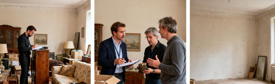 Déroulement d'un débarras à Montauban : évaluation, discussion sur valorisation, résultats finaux d'un salon propre.