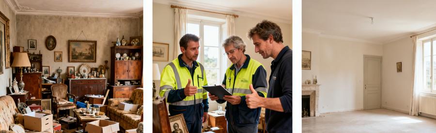 Professionnels du débarras travaillant sur une succession, avant et après le service dans une salle de séjour.