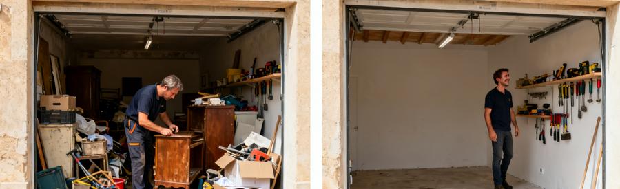 Comparaison avant/après d'un garage débarras à Aix-en-Provence, montrant le tri et le nettoyage par des professionnels.