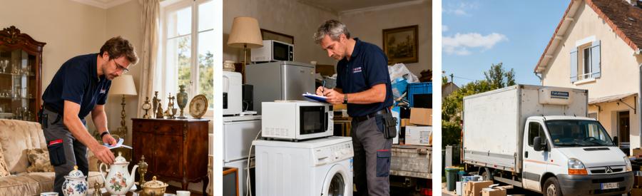 Professionnels évaluant objets anciens et électroménagers pour un débarras à Sarreguemines.