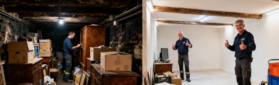 Scène de débarras professionnel à Abbeville, montrant une cave avant et après le nettoyage, illustrant le processus de tri.