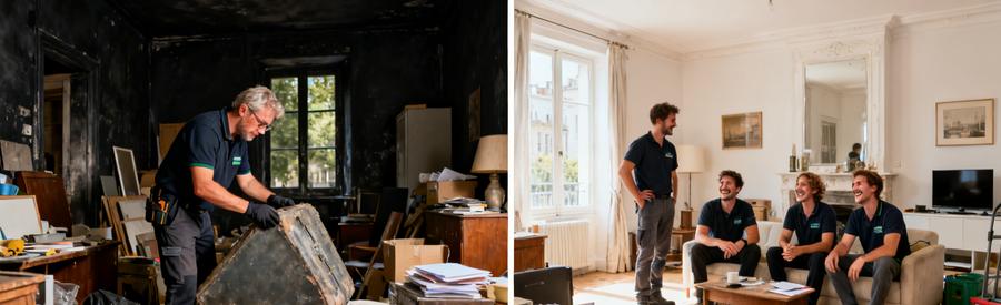 Débarras professionnel à Abbeville, avant et après, montrant un travail d'équipe efficace et des résultats satisfaisants.