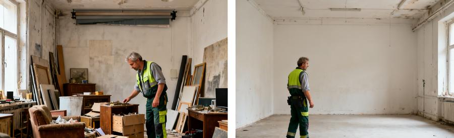 Comparaison d'un studio à Abbeville : avant avec objets encombrants et après vidé et propre, mettant en avant le service de débarras.