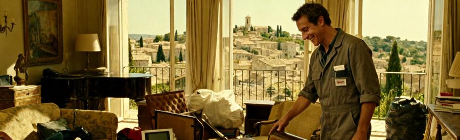 Un professionnel du débarras examine des meubles dans un salon à Aix-en-Provence, avec une vue sur le paysage.