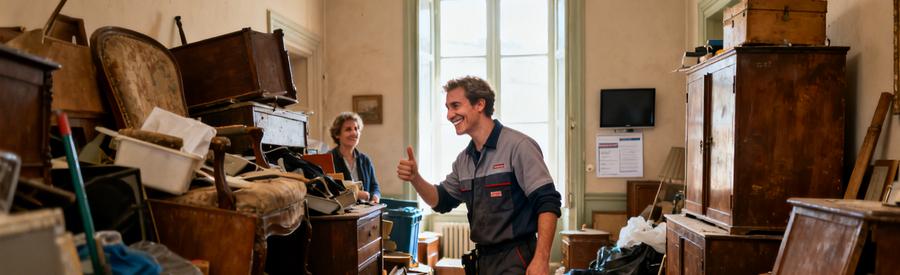 Un débarrasseur souriant inspecte une pièce encombrée à Alençon.