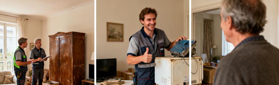 Deux débarras professionnels évaluent des objets dans un salon à Alès, montrant l'importance de la consultation dans le processus.