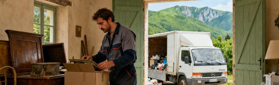 Un professionnel du débarras examine des meubles dans une maison des Alpes-de-Haute-Provence, camionnette prête à charger.