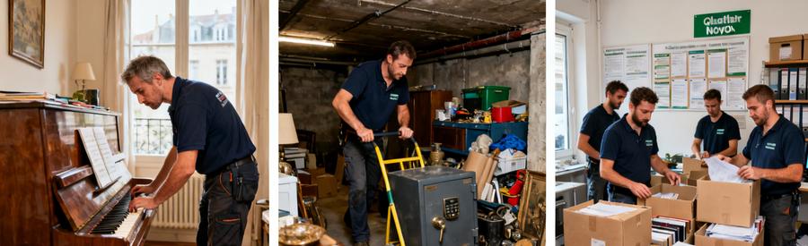 Scènes de débarrassage à Amiens : piano, coffre-fort et archives triées.