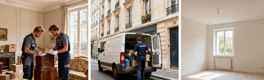 Professionnels évaluant un salon encombré, chargement dans camionnette et appartement vide après débarras.
