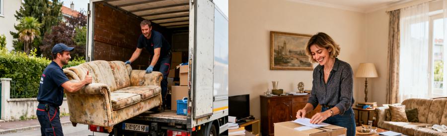 Débarrasseur travaillant à Annemasse, transportant des meubles vers un camion, illustrant un déménagement urgent.