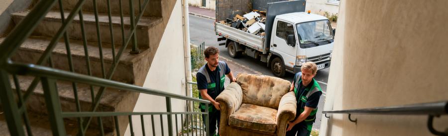 Professionnels en train de porter un canapé à l'extérieur d'un appartement au 4e étage à Indre-et-Loire.