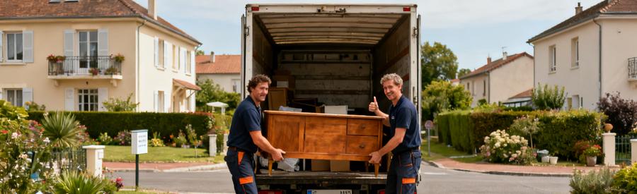 Professionnels en débarras dans un quartier pavillonnaire d'Athis-Mons, chargement de meubles dans une camionnette, environnement résidentiel.