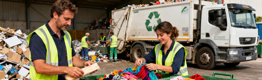 Professionnels triant des matériaux recyclables dans un terrain de débarras à Aubagne, valorisant l'éco-responsabilité.