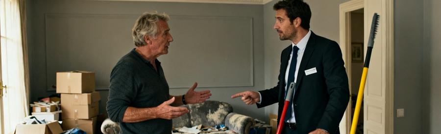 Un professionnel du débarras discute avec un client dans un salon encombré, montrant des options de service.