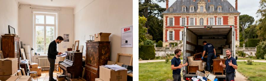 Débarras à Auxerre : studio étudiant encombré et grande maison avec des professionnels en action.