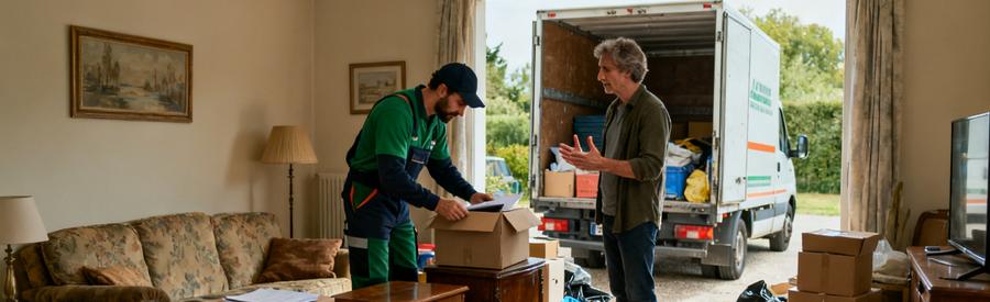 Professionnel du débarras évaluant des meubles dans un salon avant déménagement, client rassuré en arrière-plan.