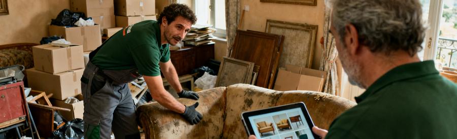 Professionnel du débarras à Bastia évalue un canapé et discute des offres avec un client, objets encombrants en arrière-plan.