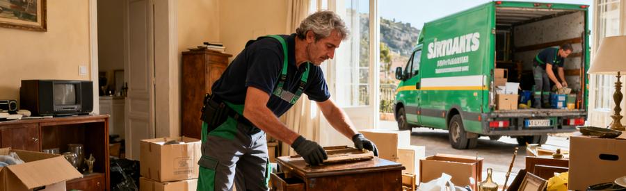 Un professionnel du débarras à Bastia triant des encombrants dans un appartement lumineux.
