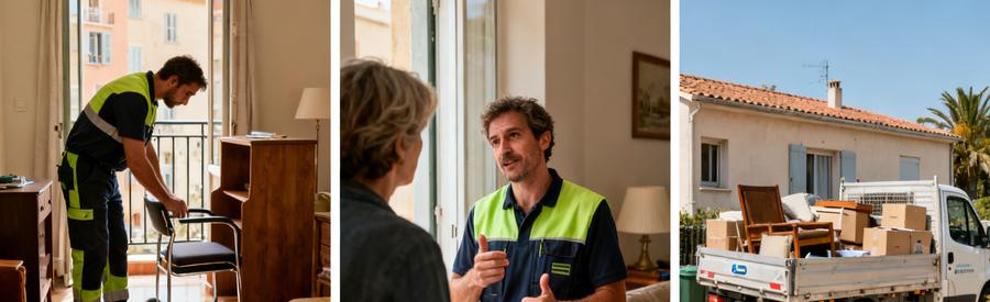 Professionnels du débarras à Bastia évaluant des meubles en appartement et devant une maison plain-pied.