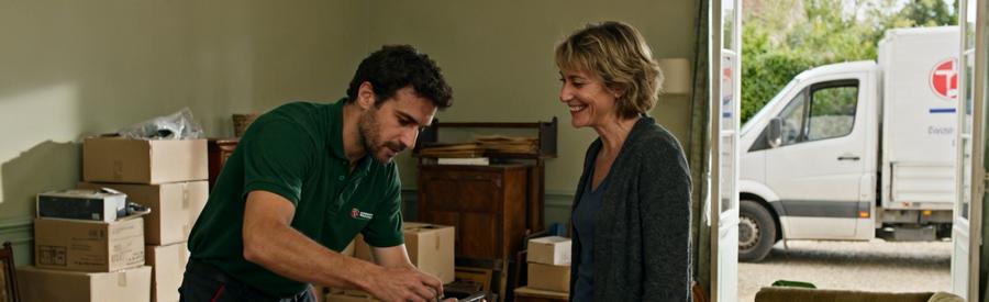 Un professionnel du débarras et un client échangent sur l'évaluation des meubles à évacuer dans un salon.