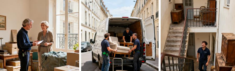 Professionnels du débarras à Besançon évaluant des objets dans des lieux différents : rez-de-chaussée et 4e étage.