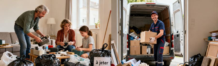 Une famille trie ses objets avec soin pendant qu'un débarras professionnel charge des cartons dans une camionnette.
