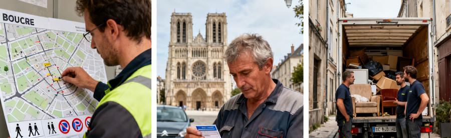 Professionnel du débarras à Bourges identifiant les contraintes de stationnement près de la cathédrale Saint-Étienne.