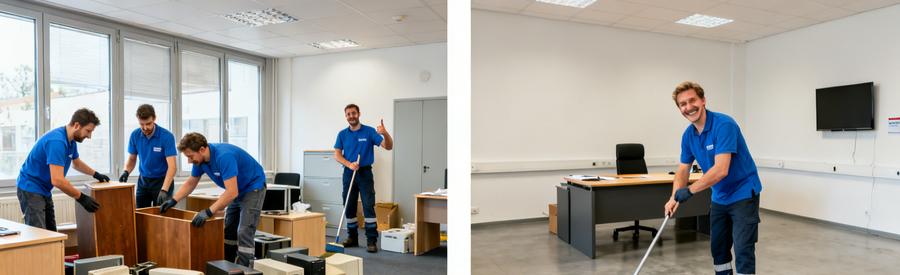 Équipe de débarrasseurs triant et nettoyant un bureau avant et après le débarras dans la Vienne.