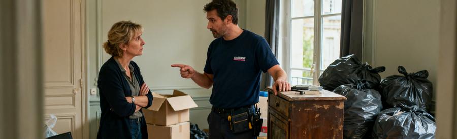 Un professionnel du débarras à Caen discute de l'évaluation des objets avec un client dans un T3 encombré.