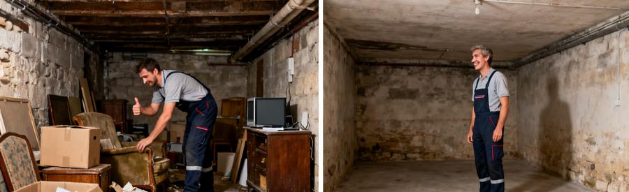Comparaison de débarras à Cahors : avant une cave encombrée et après un espace propre et désencombré.