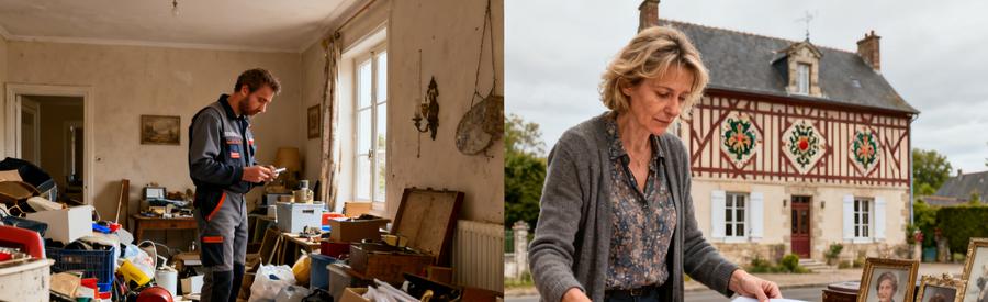 Image d'un débarras professionnel avec tri d'objets et mise de côté d'objets de valeur et documents.