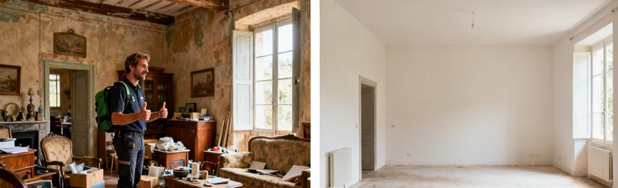 Débarras d'une maison ancienne à Castelnaudary avant et après, montrant la transformation de l'espace.
