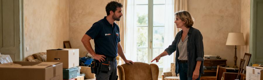 Un spécialiste du débarras à Cavaillon inspecte des objets dans un salon encombré, aidant à la prise de décision.