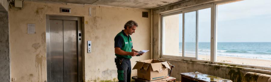 Un professionnel du débarras dans une cave humide d'immeuble à Canet-en-Roussillon, évaluant des meubles et objets altérés.