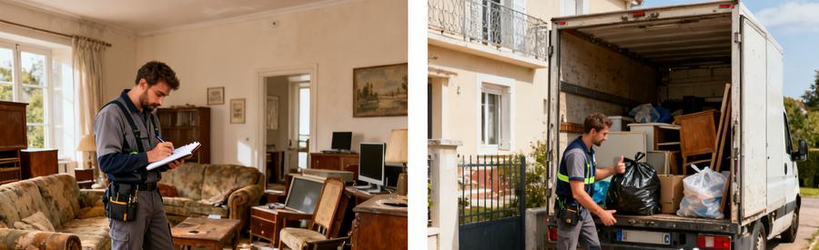 Deux étapes du processus de débarras à Cenon : l'évaluation des objets et le chargement dans le camion.