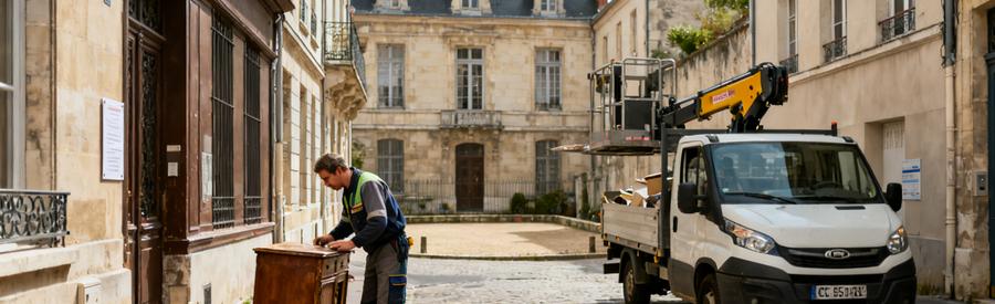 Professionnel inspectant des meubles dans une rue étroite de Châlons-en-Champagne, camionnette équipée en arrière-plan.